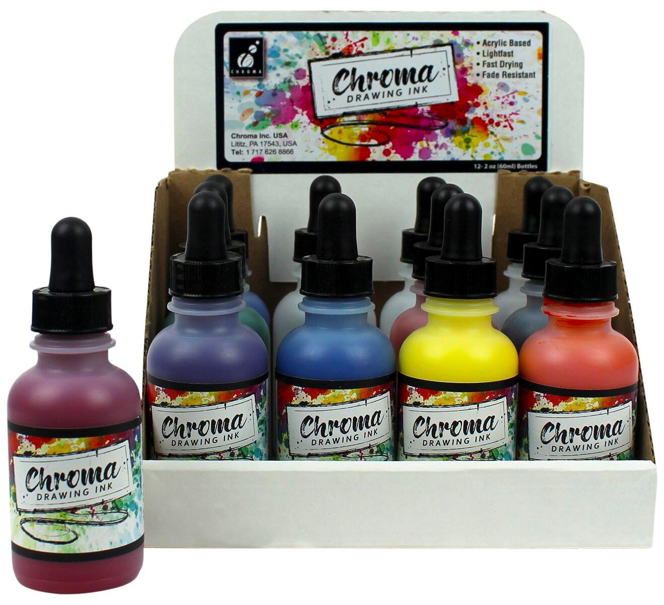 Chroma Drawing Inks, 2 Ounces, Assorted Colors, Set of 12 Item Number 2103346
