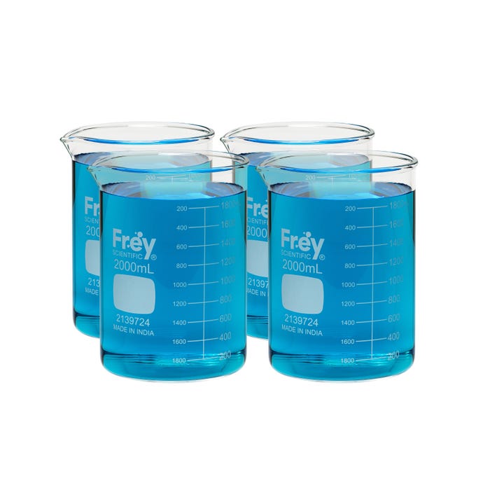 Frey Scientific Borosilicate Glass Beakers, 2000 mL, Pack of 4