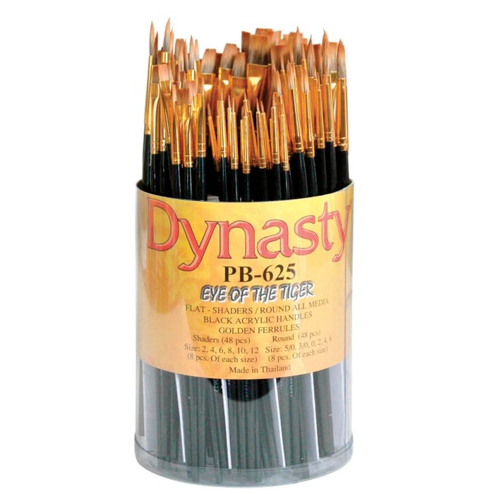Dynasty FM Brush PB-625 Synthetic Hair Acrylic Handle Paint Brush Set, Assorted Size, Black/Gold, Set of 96