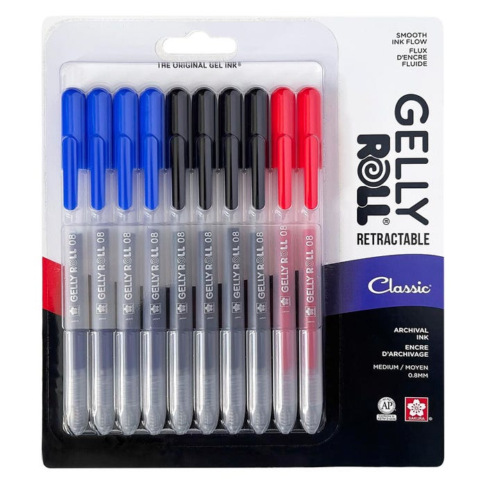 Sakura Gelly Roll Classic Retractable Pens, 0.8 mm Medium, Assorted Colors, Set of 10