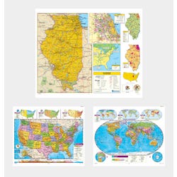 Social Studies ILLINOIS/U.S./WORLD MAP COMBO, Markable, Erasable, Grades 4-12, Item Number 1566301