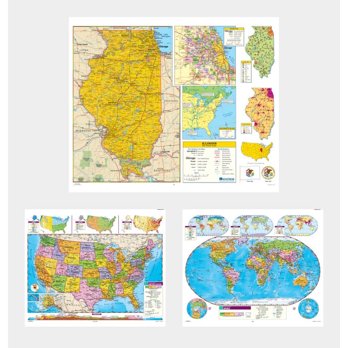 Social Studies ILLINOIS/U.S./WORLD MAP COMBO, Markable, Erasable, Grades 4-12