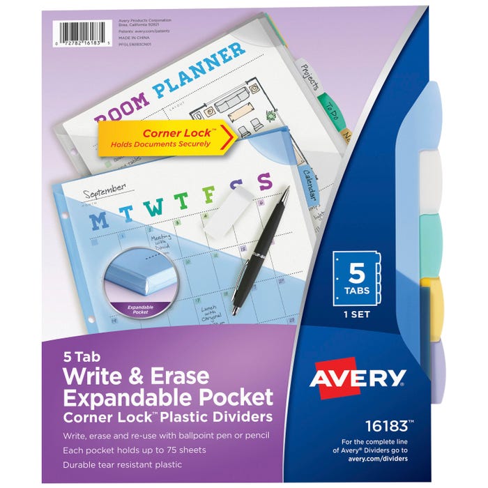 Avery Corner Lock Write & Erase Plastic Dividers, Expandable Pockets, 9-1/4 x 11-1/4 Inches, Assorted Colors, Pack of 5