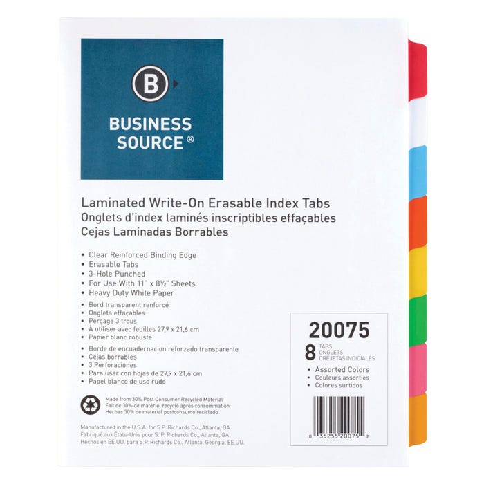 Business Source Write-On Tab Indexes, 8 Tab, Multi-Color