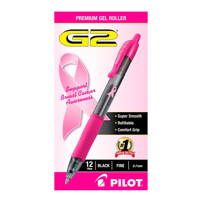 Pilot G2 BCA (Breast Cancer Awareness) Premium Retractable Gel Ink Pens, Fine Point, Pink Accents, Black Ink, Pack of 12