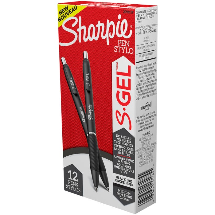Sharpie S-Gel Pens, Medium Point, 0.7 mm, Black Ink, Pack of 12