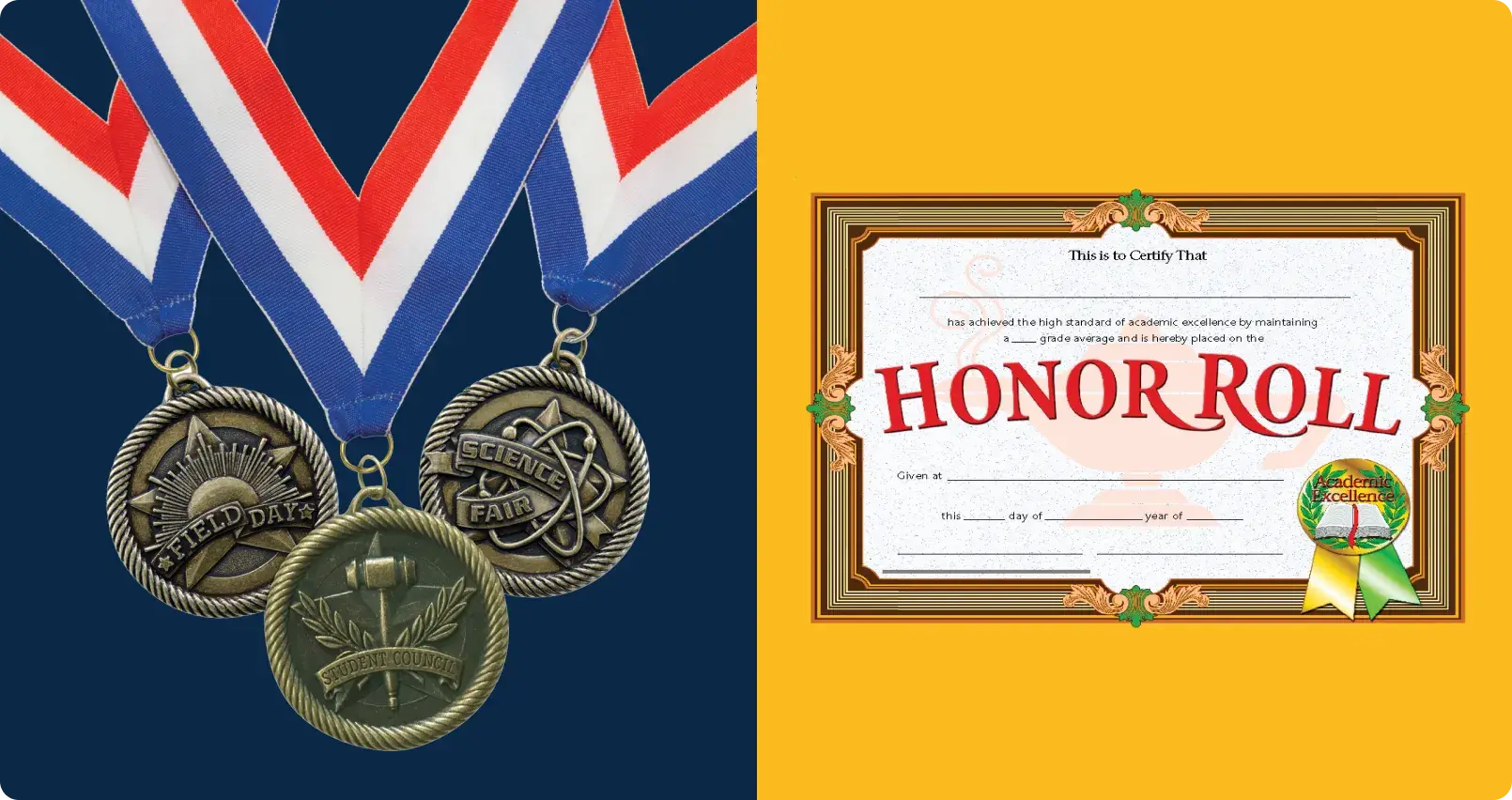 Academic achievement awards including bronze medal collection with Field Day, Science Fair, and Student Council designs on patriotic ribbons, and formal Honor Roll certificate template with decorative border for recognizing student excellence