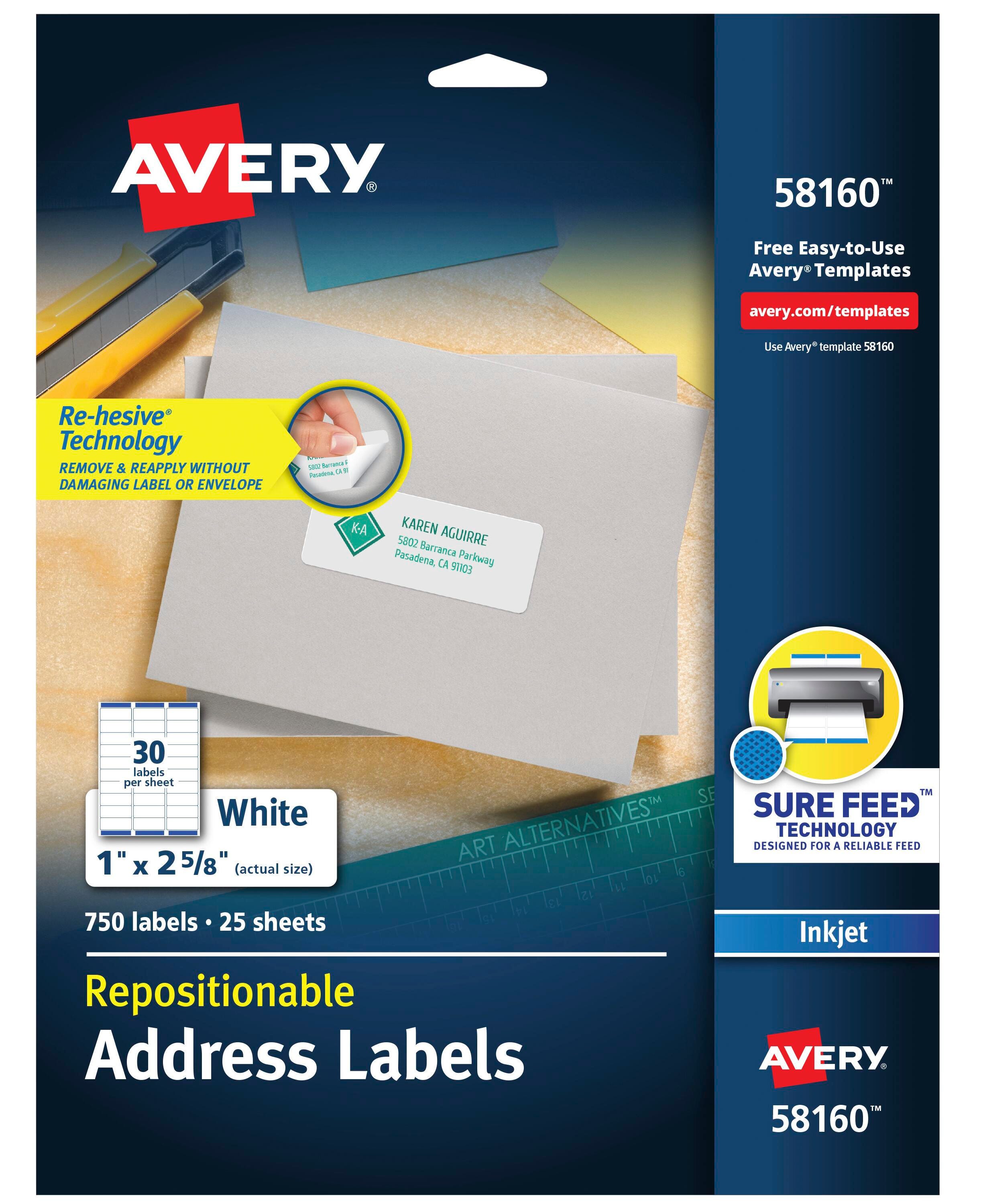 Avery Repositionable Address Labels, Inkjet, 1 x 2-5/8 Inches, Pack of 750 1308287