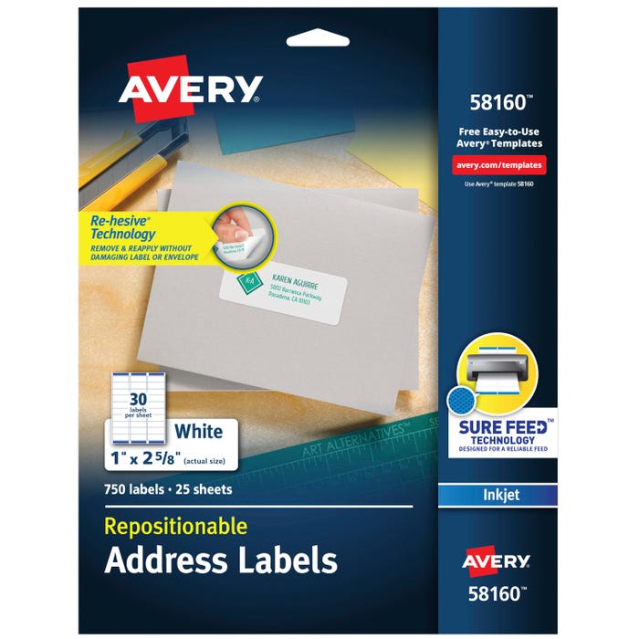 Avery Repositionable Address Labels, Inkjet, 1 x 2-5/8 Inches, Pack of 750