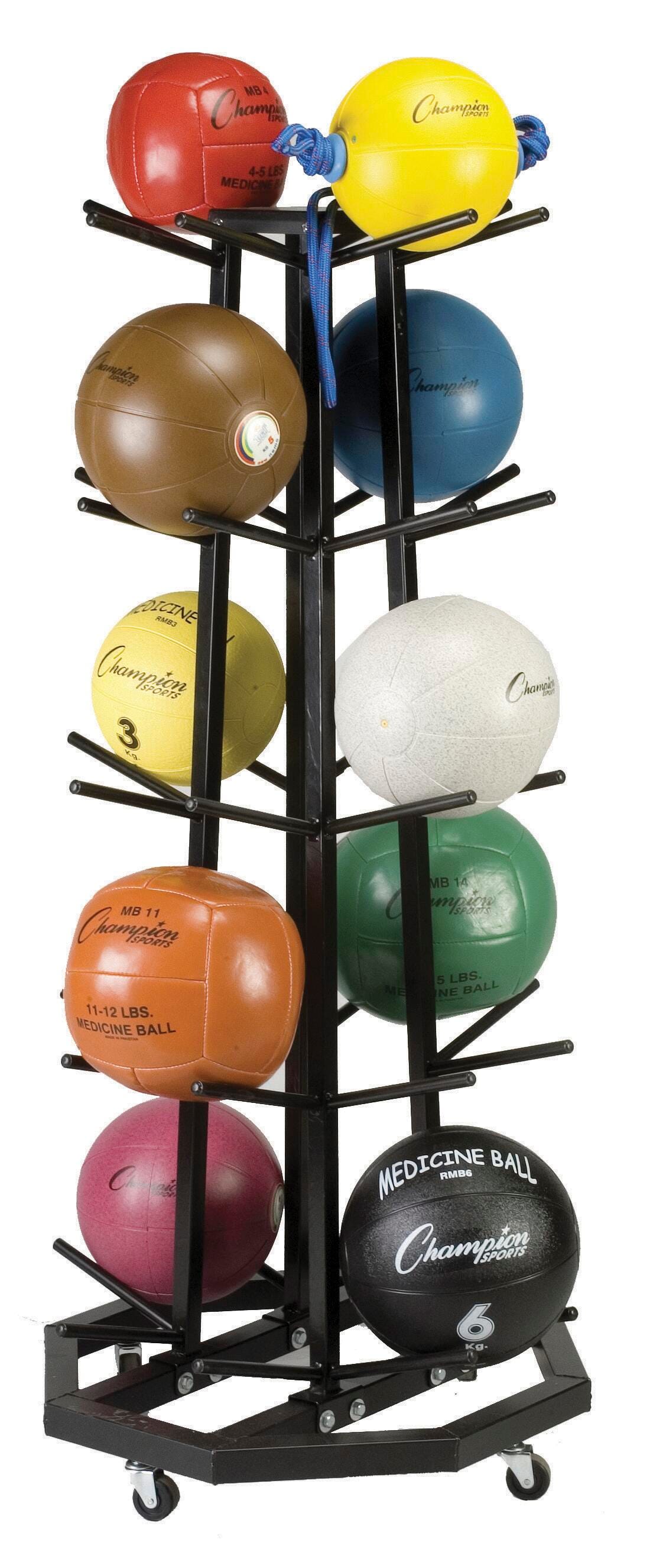 Champion Sports Four Stack Medicine Ball Rack with Coasters and 20-Ball Capacity, Black 1319027