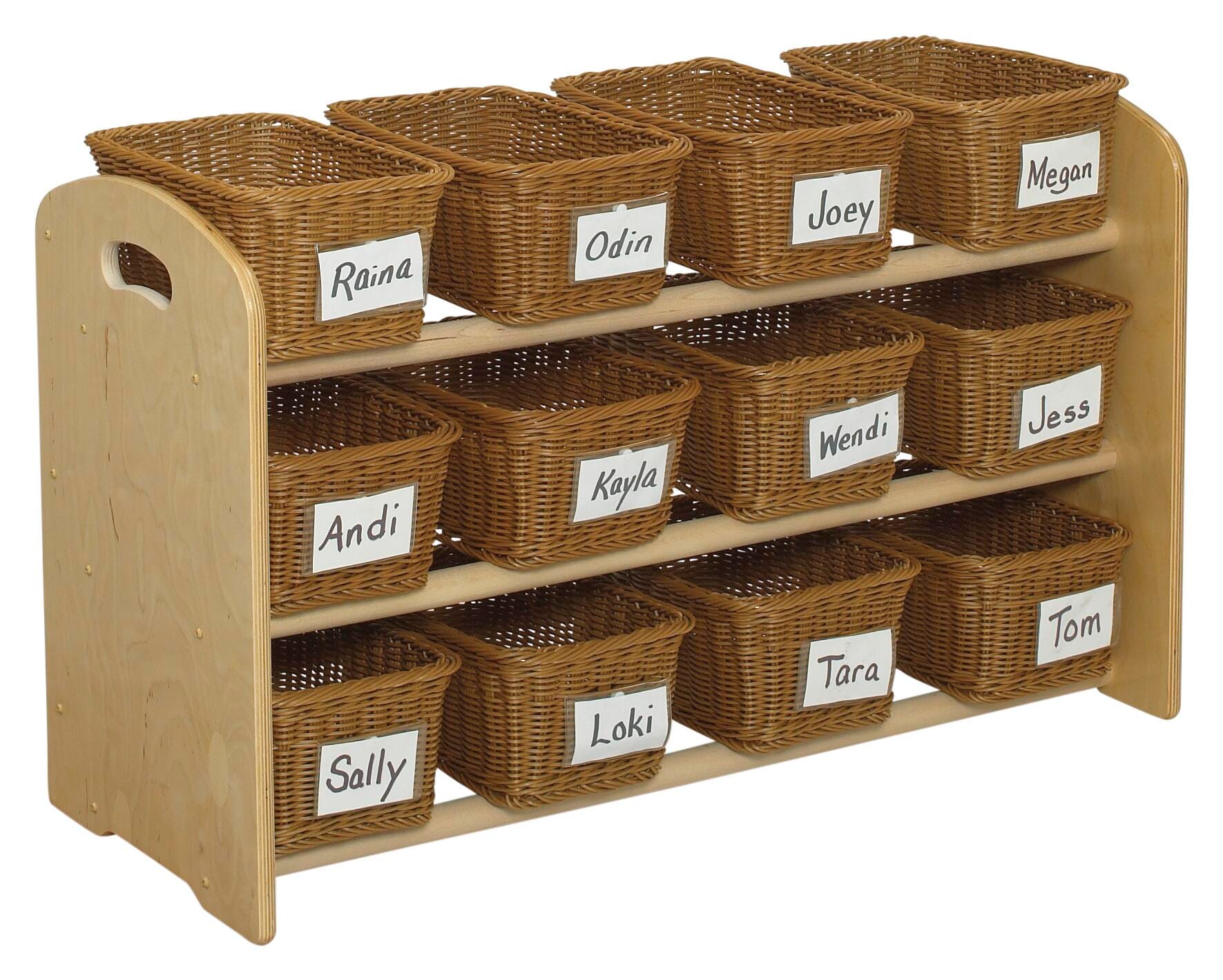 Childcraft ABC Furnishings 12 Tray Dowel Cubby Rack With Baskets, 35-3/4 x 14-1/2 x 21-3/4 Inches, Item Number 1537054