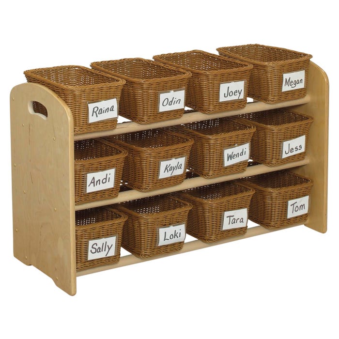 Childcraft ABC Furnishings Dowel Rack Storage, 12 Wicker Baskets, 35-3/4 x 14-1/2 x 21-3/4 Inches