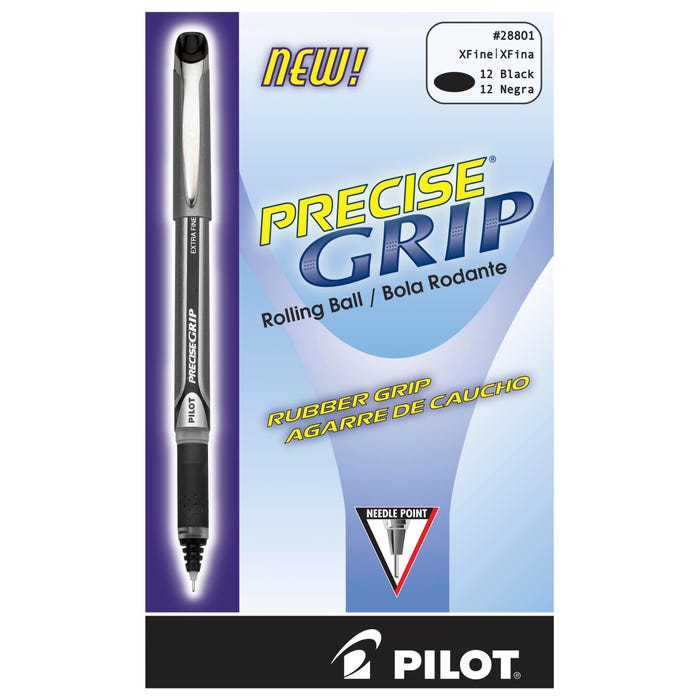 Pilot Precise Grip Rolling Ball Stick Pens, Extra Fine Point, Black Ink, Pack of 12
