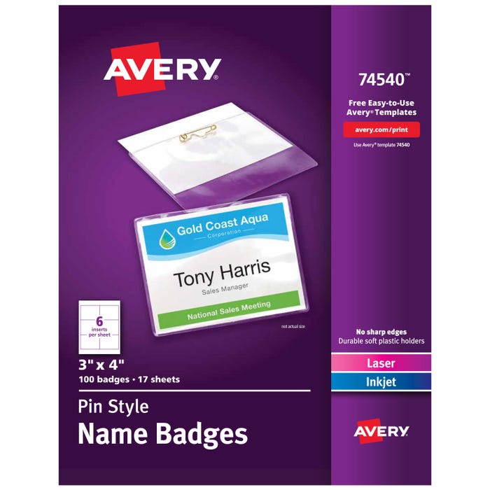 Avery Name Badges with Pin Holders, 3 x 4 Inches Each, Clear, Pack of 100