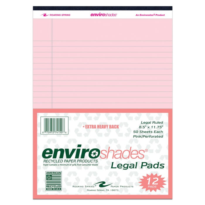 Enviroshades Legal Pads, 8-1/2 x 11 Inches, Pink, 50 Sheets, Pack of 12