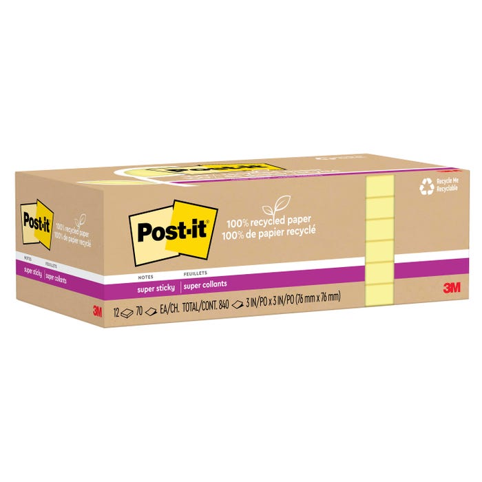 Post-it® 100% Recycled Super Sticky Notes, 3 x 3 Inches, 12 Pads per Pack, 70 Sheets per Pad