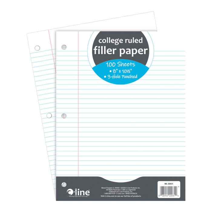 C-Line 3-Hole Punched Filler Paper, 8 x 10-1/2 Inches, College Ruled, 100 Sheets
