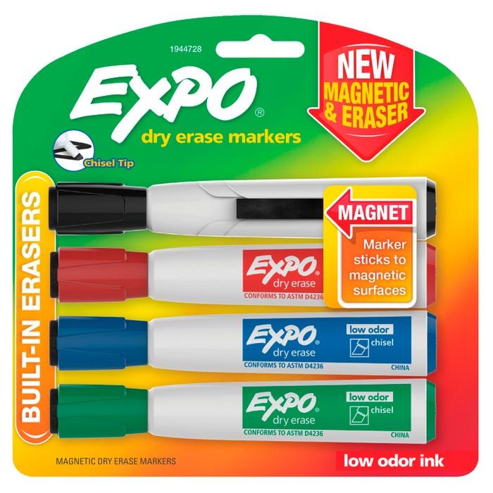 EXPO Magnetic Dry Erase Markers with Erasers, Chisel Tip, Assorted Colors, Set of 4
