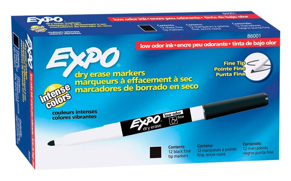 EXPO Low Odor Dry Erase Markers, Fine Tip, Black, Pack of 12 1333748