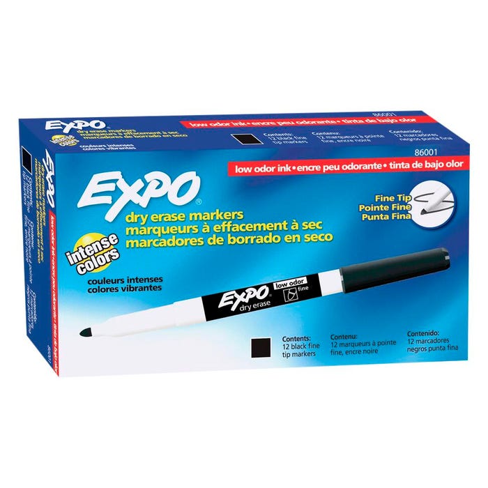 EXPO Low Odor Dry Erase Markers, Fine Tip, Black, Pack of 12