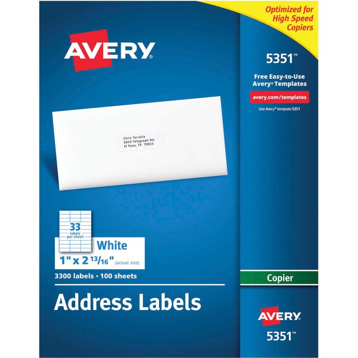 Avery Copier Address Labels, 1 x 2-13/16 Inches, Pack of 3300