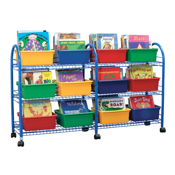 Metal Mobile Leveled Library with 12 Assorted Color Trays, Blue