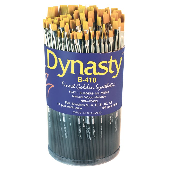Dynasty Brush B-410 Finest Golden Synthetic Classroom Brushes in Cylinder, Flat Shader, Short Handle, Asstd Sizes, Set of 108