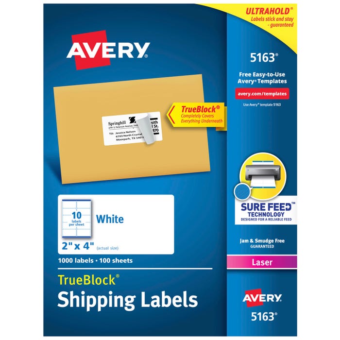 Avery TrueBlock Shipping Labels, Laser, 2 x 4 Inches, White, Pack of 1000