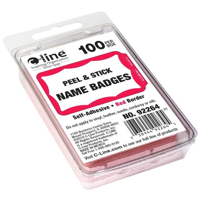 C-Line Adhesive Name Badges, 3-1/2 x 2-1/4 Inches, Red Border, Pack of 100
