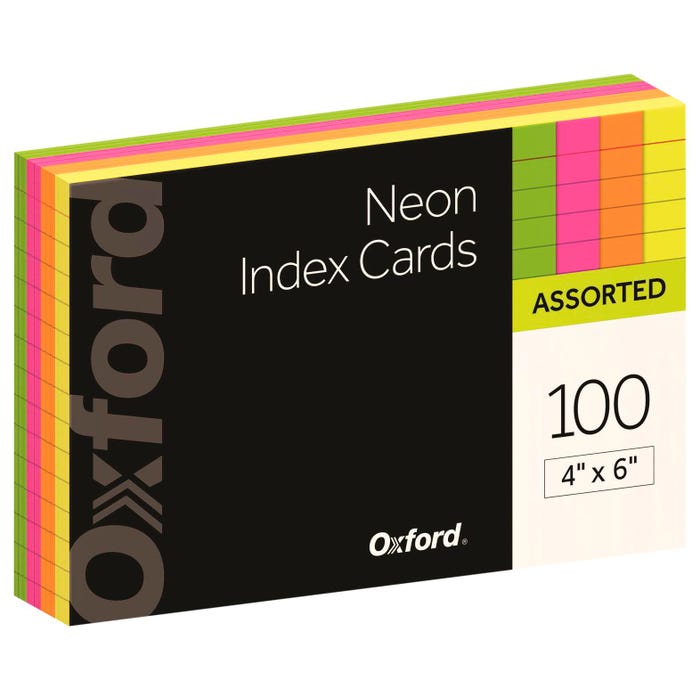 Oxford Index Cards, 4 x 6 Inches, Ruled, Assorted Neon, Pack of 100