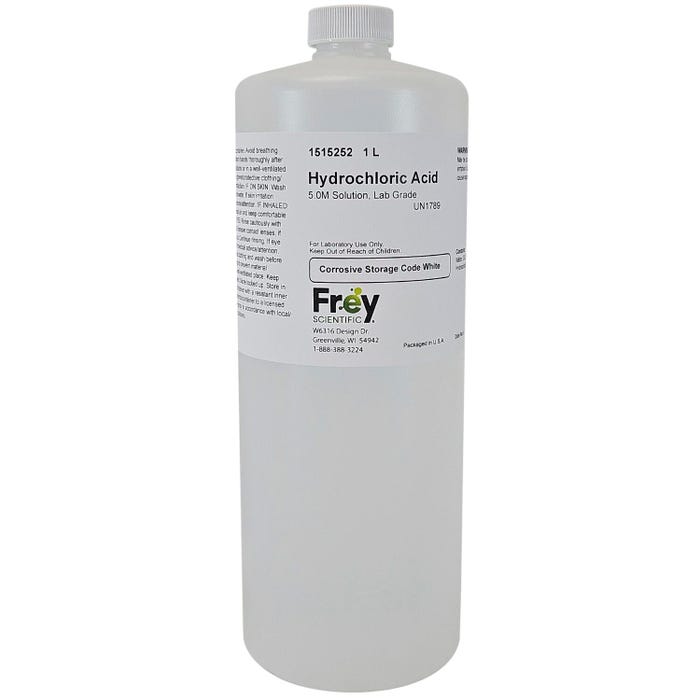 Frey Scientific Hydrochloric Acid, 5.0M Solution, Lab Grade, 1 Liter