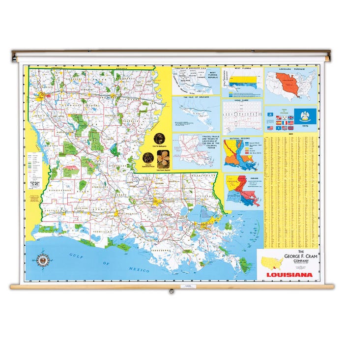 Nystrom Louisiana Pull Down Roller Classroom Map, 64 x 50 Inches