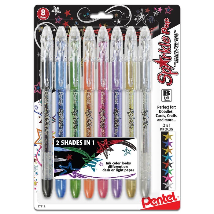 Pentel Sparkle Pop Metallic Gel Pen, 1.0 mm Bold Line, Assorted, Pack of 8