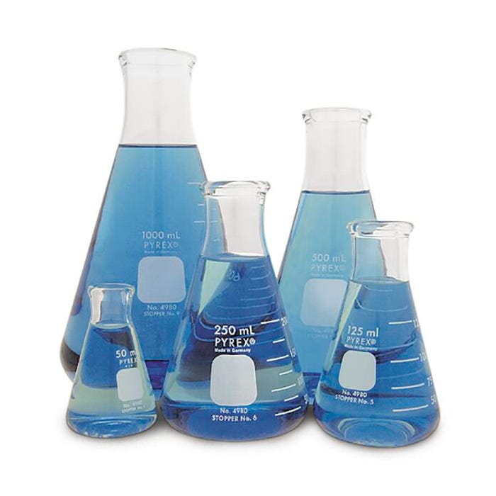 Pyrex Narrow Mouth Erlenmeyer Flasks, Assorted Sizes, Set of 5