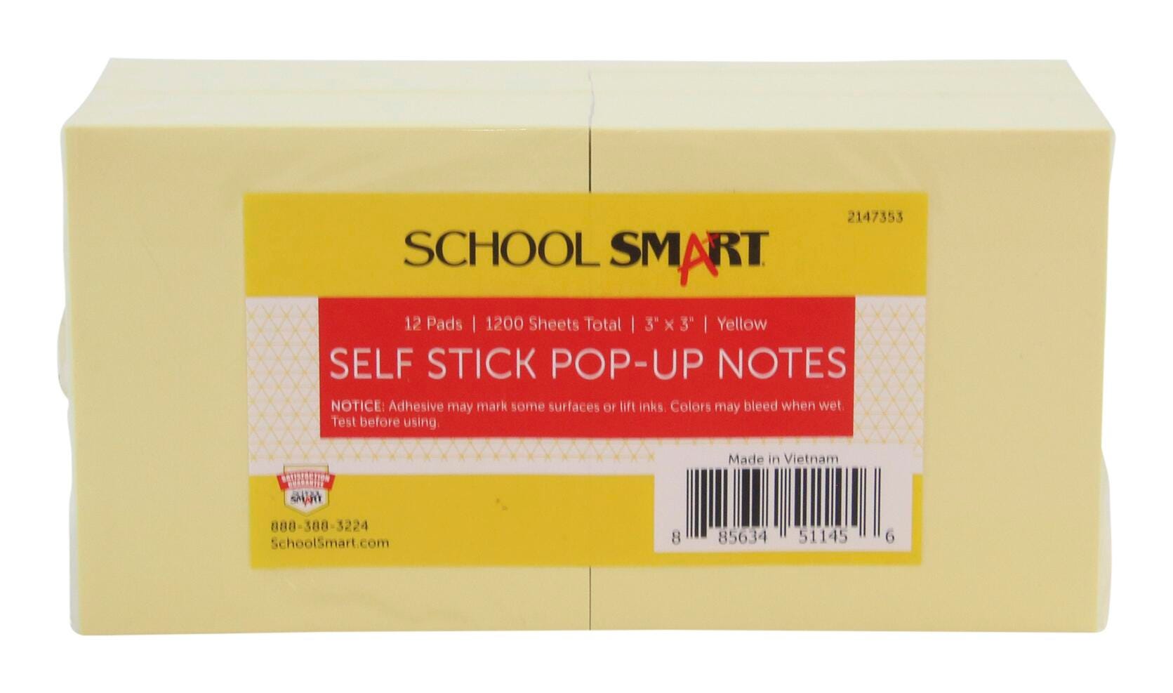 School Smart Pop-Up Self-Stick Adhesive Notes, 3 x 3 Inches, Yellow, 100 Sheets/Pad, Pack of 12 2147353