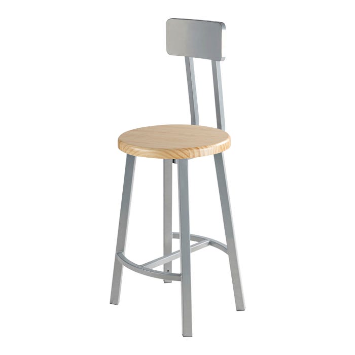National Public Seating Titan Stool, Wood Seat, 24 Inch Fixed Height, Backrest, Gray Frame