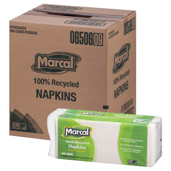 Marcal Recycled Luncheon Napkin with Draw and Store Bag, 12-1/2 L x 11-2/5 W in, 1-Ply, Paper, White, Pack of 400