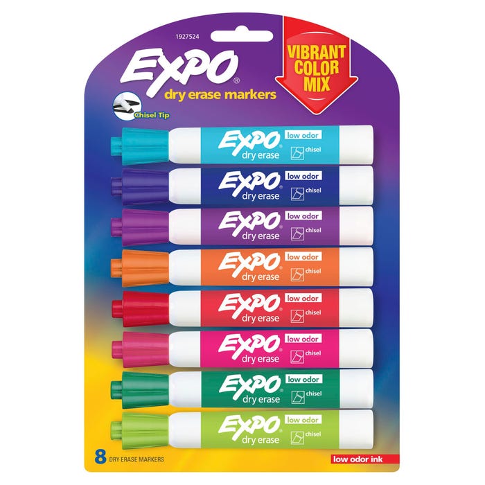 EXPO Low Odor Dry Erase Markers, Chisel Tip, Assorted Vibrant Colors, Set of 8