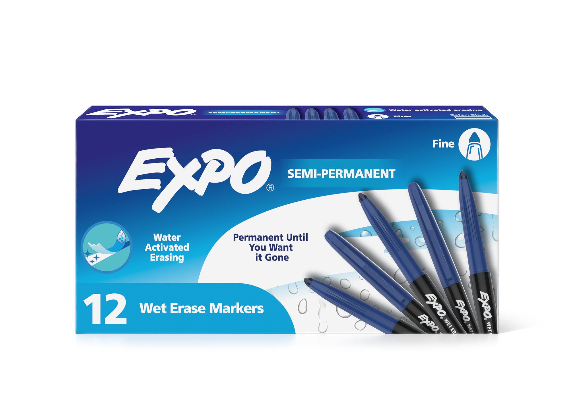 EXPO Wet Erase Semi-Permanent Markers, Fine Point, Blue, Pack of 12 2154394