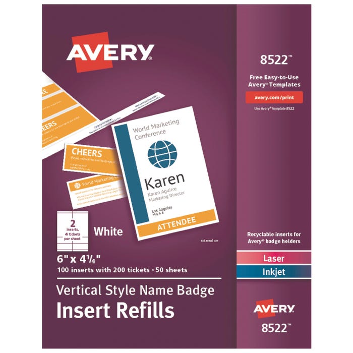 Avery Vertical Name Badge & Ticket Inserts -- Insert Refills, f/Vertical Name Badges, 4-1/2"x6", 100/BX