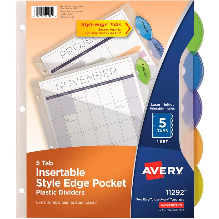 Avery Style Edge Insertable Dividers with Pocket, 5 Tab, Multi-Color