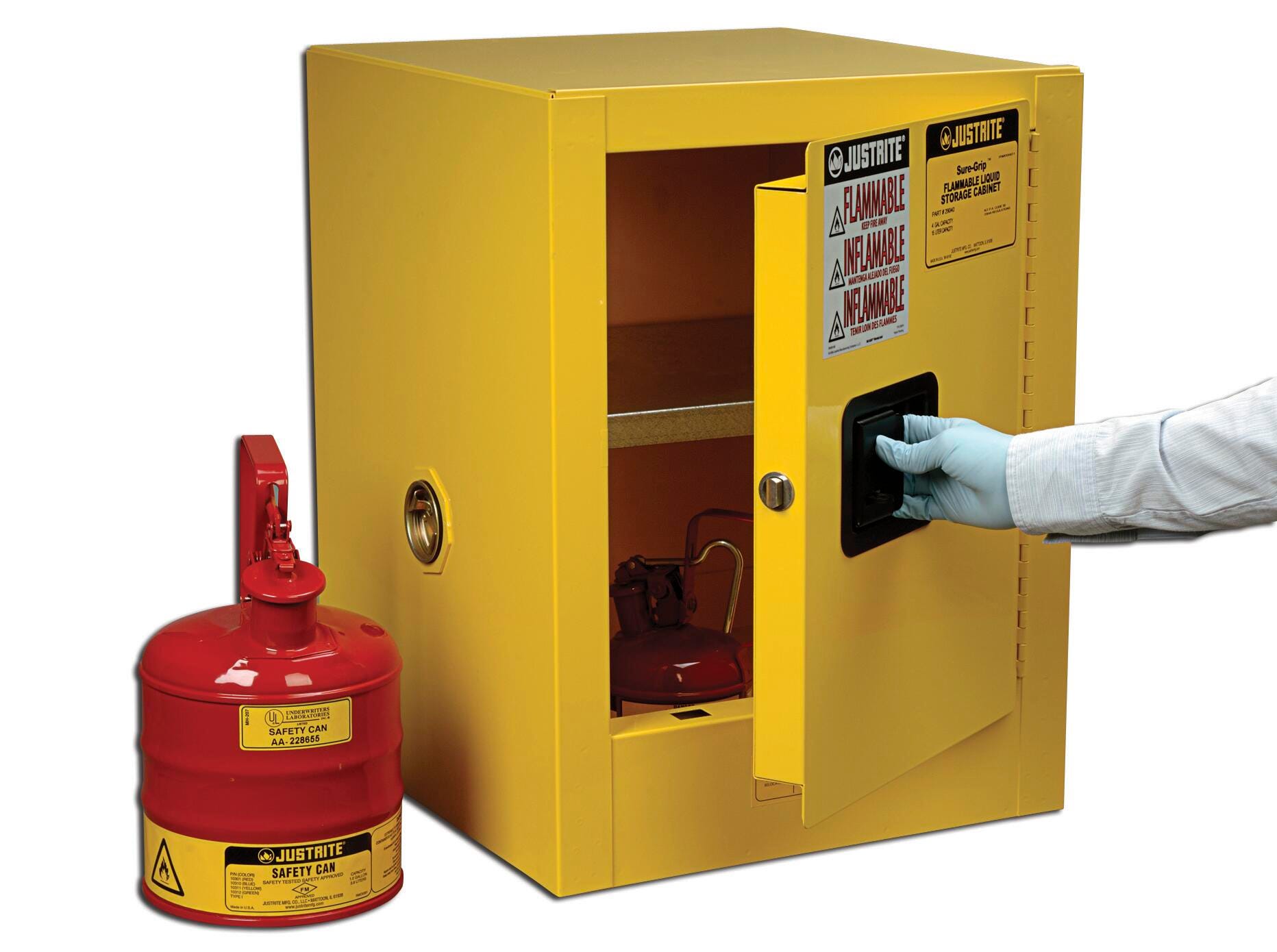 Justrite Sure-Grip EX Countertop Flammables Storage Cabinet, 17 x 17 x 22 Inches, 4 Gallon, Yellow 528440
