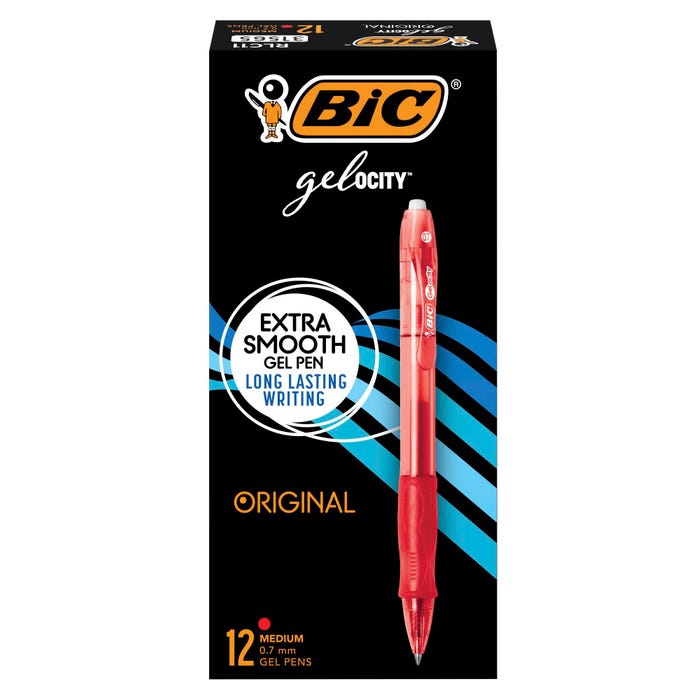 BIC Gel-ocity Retractable Gel Pens, 0.7mm, Medium Point, Red, Pack of 12