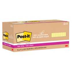 Post-it® 100% Recycled Super Sticky Notes, 3x3 Inch, 24 Pads/Pack, 70 sheets/pad, Canary