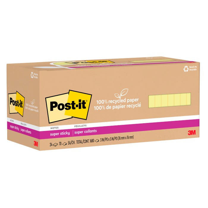 Post-it® 100% Recycled Super Sticky Notes, 3x3 Inch, 24 Pads/Pack, 70 sheets/pad, Canary