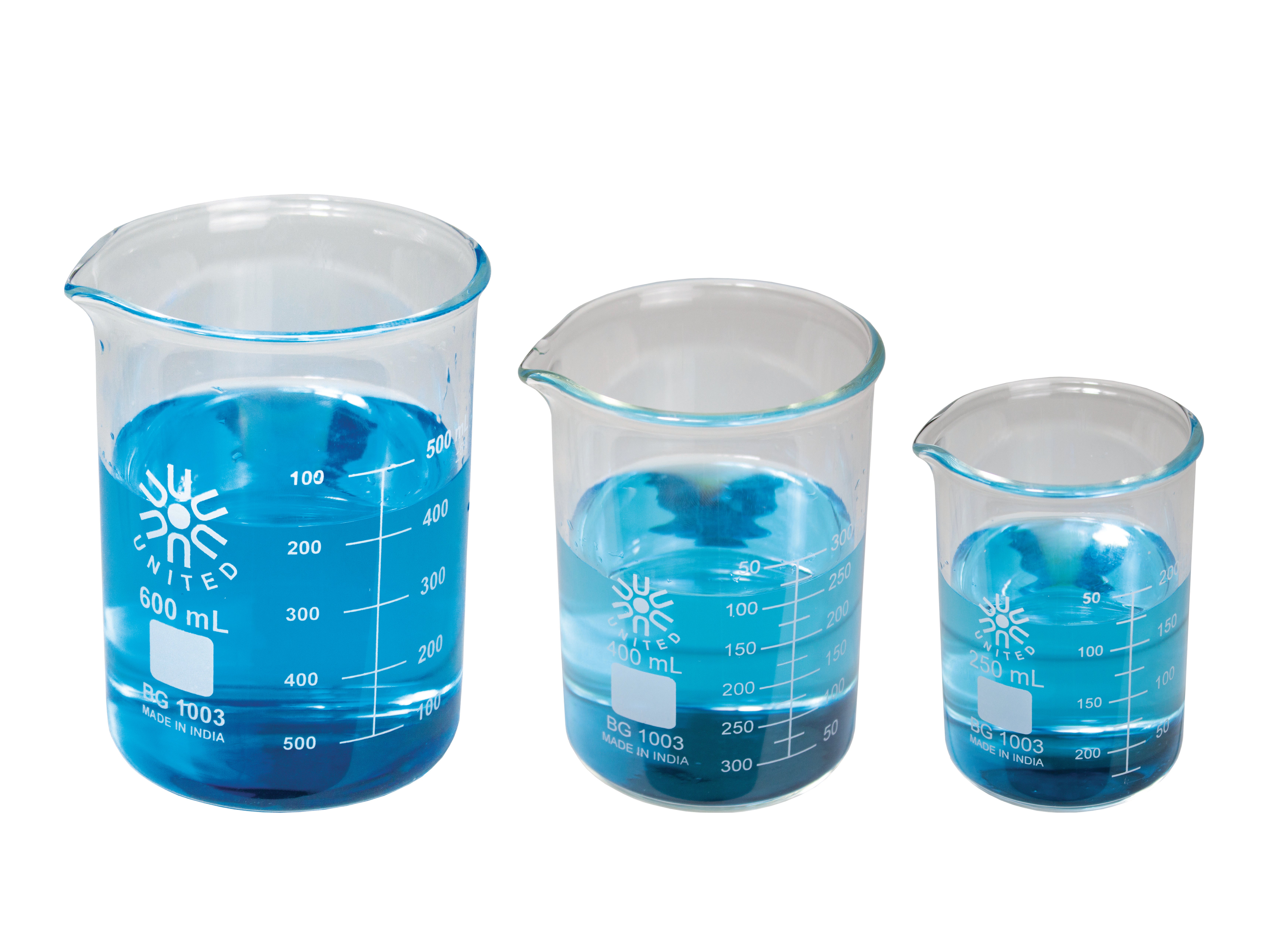 United Scientific Heavy-Duty Straight Wall Beakers, Borosilicate Glass, Assorted Sizes, Set of 3