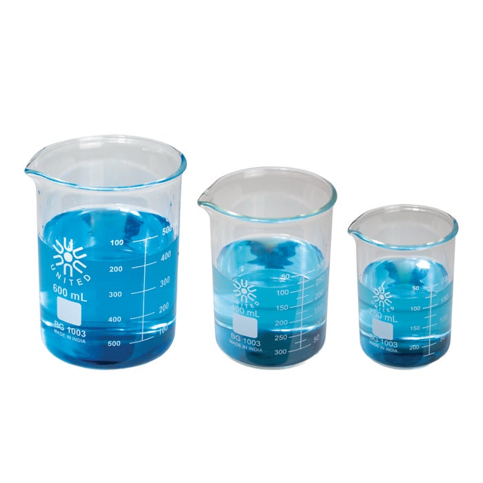 United Scientific Heavy-Duty Straight Wall Beakers, Borosilicate Glass, Assorted Sizes, Set of 3