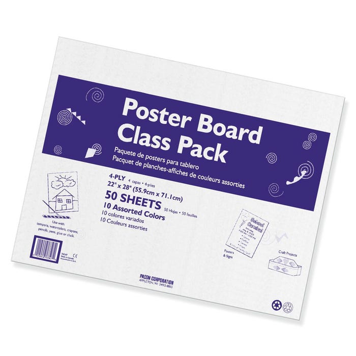 Pacon Poster Board Classroom Pack, 22 x 28 Inches, 4-Ply Thickness, Assorted Color, Pack of 50