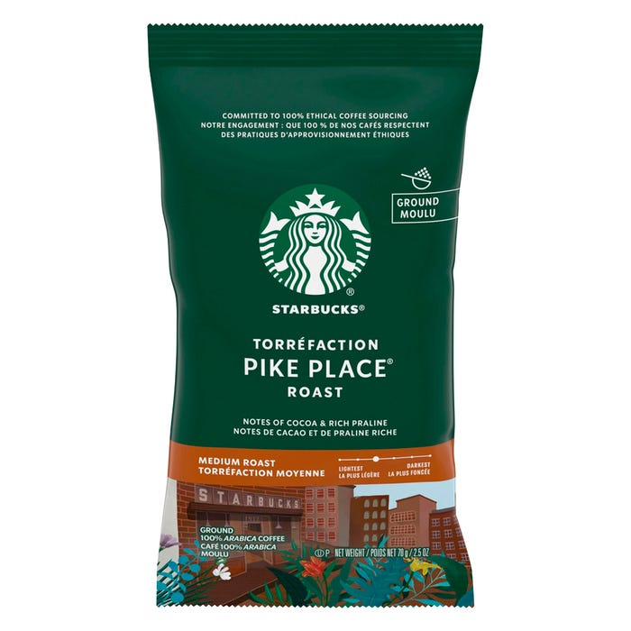 Starbucks Pike Place Medium Roast Ground Coffee Packets, 2.5 Ounce, Pack of 18