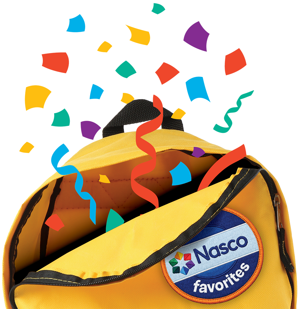 Backpack with Nasco Favorites patch on it